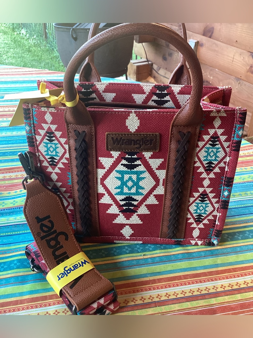 Wrangler Red Aztec Pattern Tote Bag with Brown Braid Trim